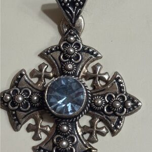 Vintage 900 Jerusalem Cross with blue topaz Center Stone pendant